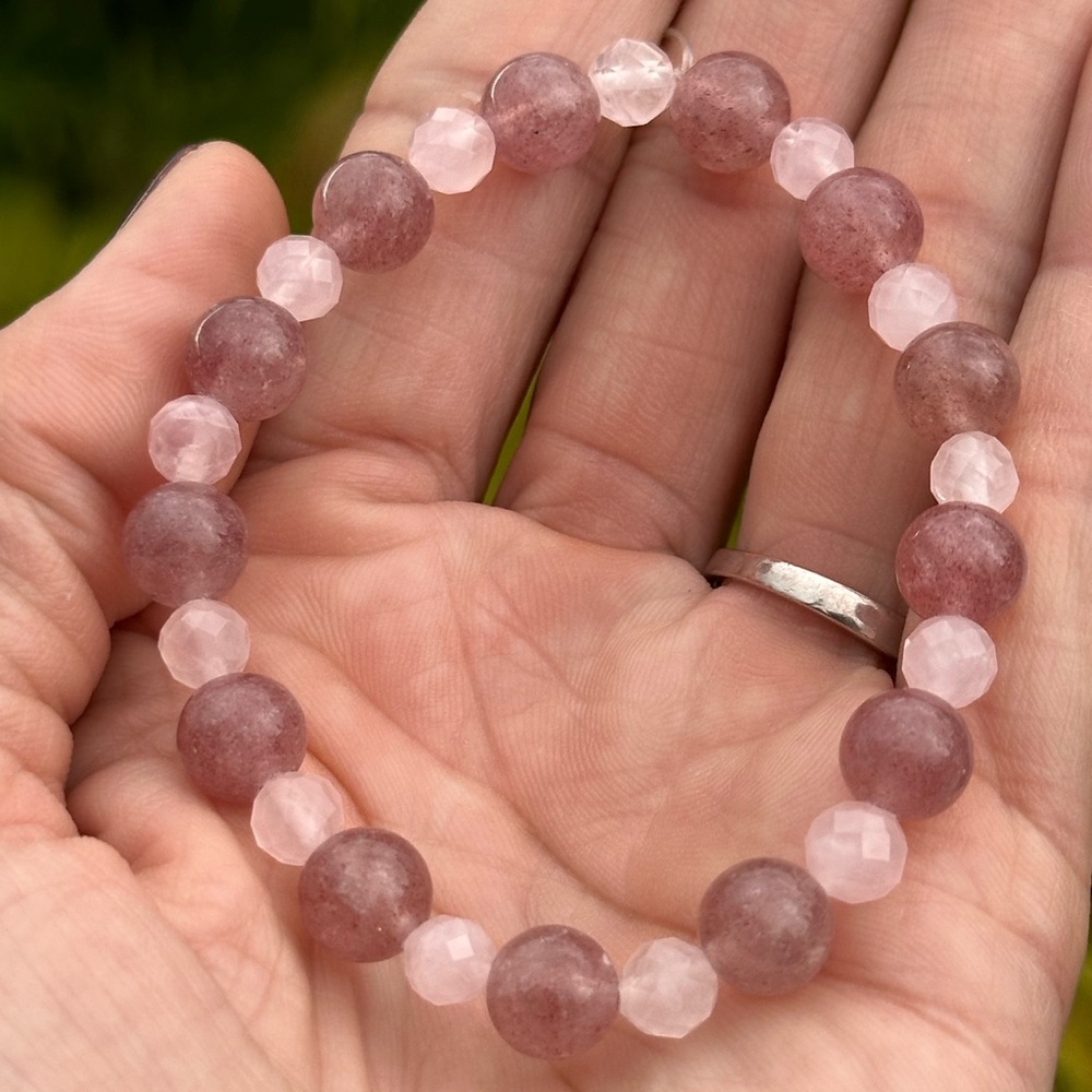 Strawberry Quartz & Rose Quartz Beaded Stretch Handmade in Maui Bracelet